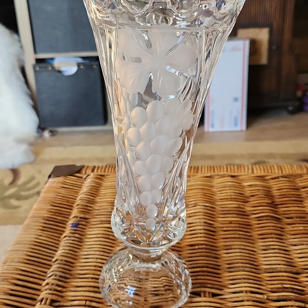 Vintage Cut Crystal Vase Etched with Grapes And Leaves Has Sawtooth Edge